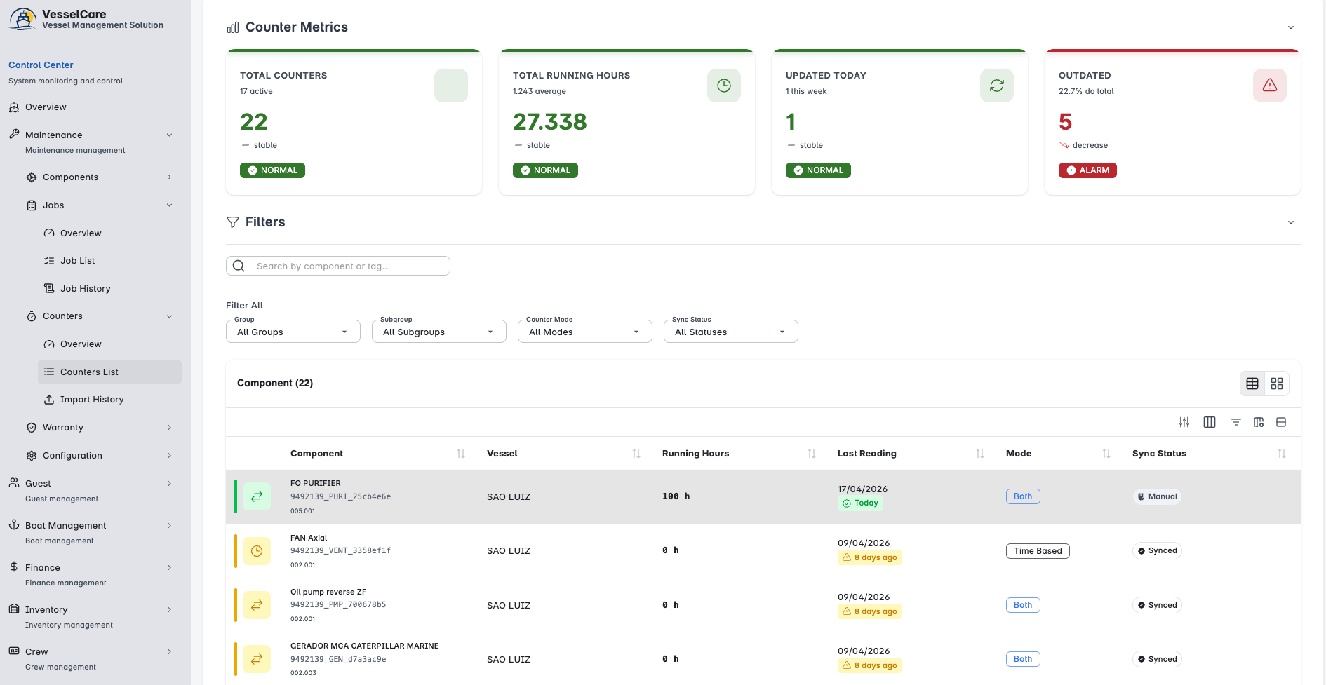Maintenance counters β running hours per component with auto/manual sync